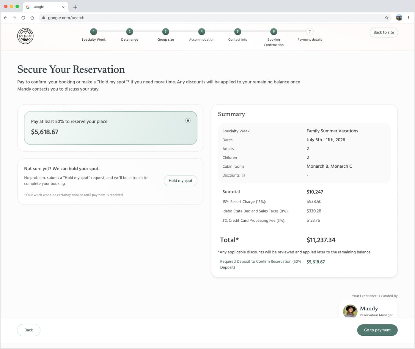 Red Horse reservation design showing the booking summary, 50% deposit and hold-my-spot option