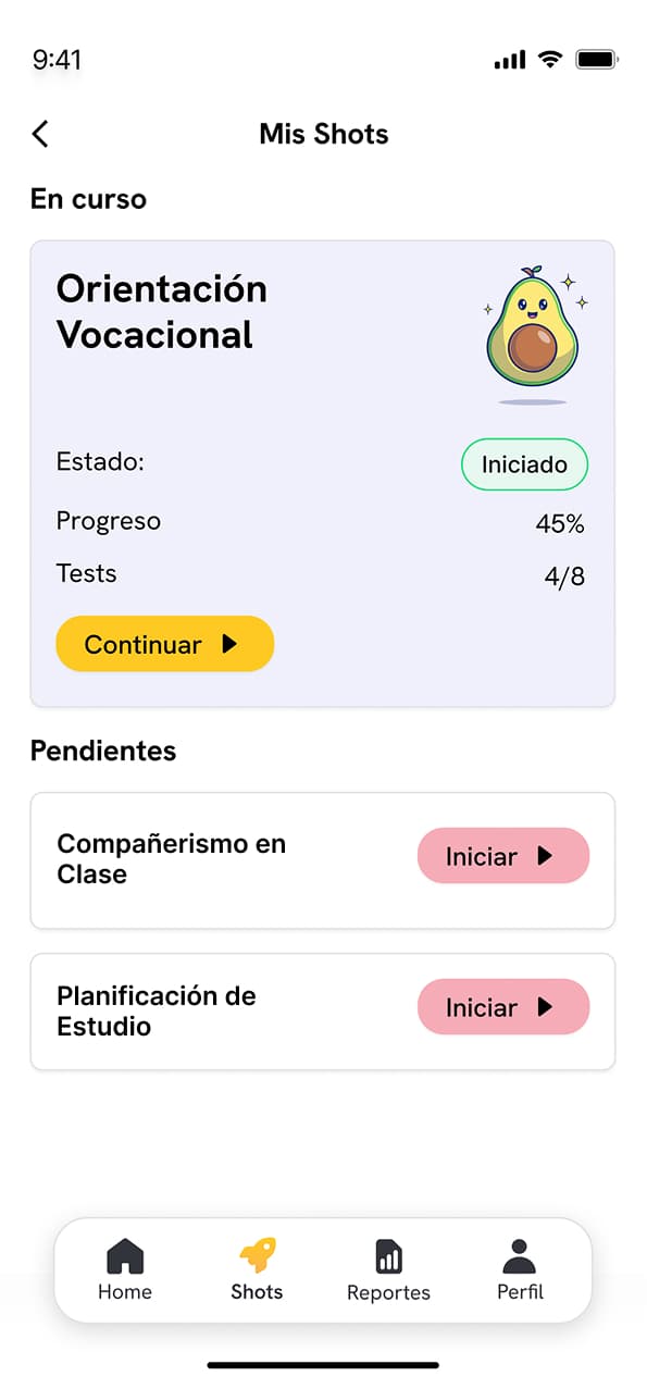 The Arena student app design with an in-progress vocational module and pending learning modules