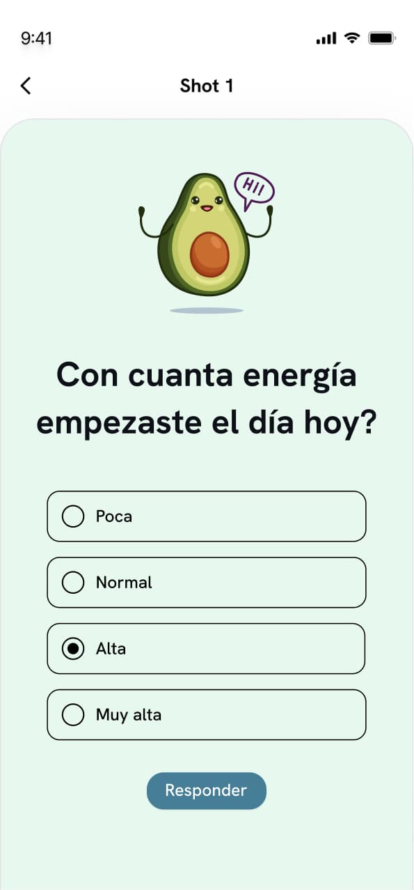 The Arena student app design asking about energy levels, with an avocado character and four responses