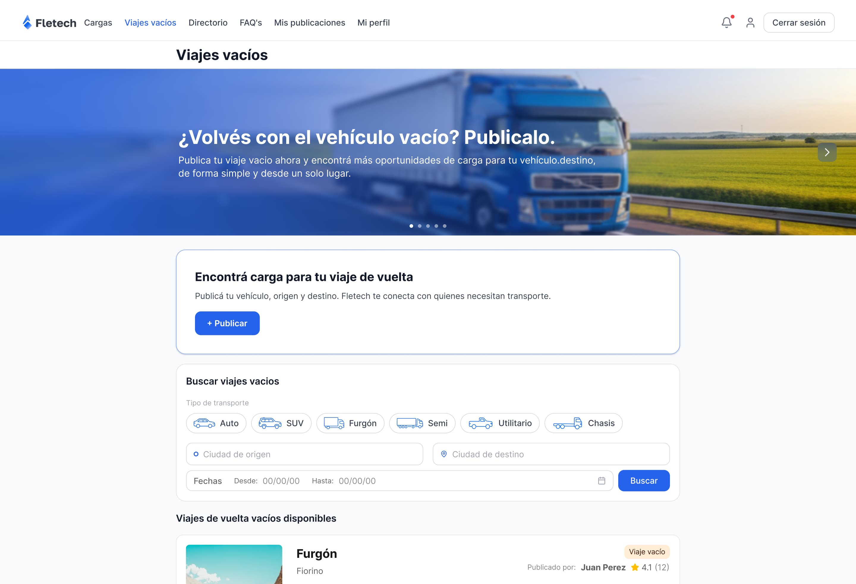 Fletech empty-trips marketplace screen with listings, filters and available return journeys.