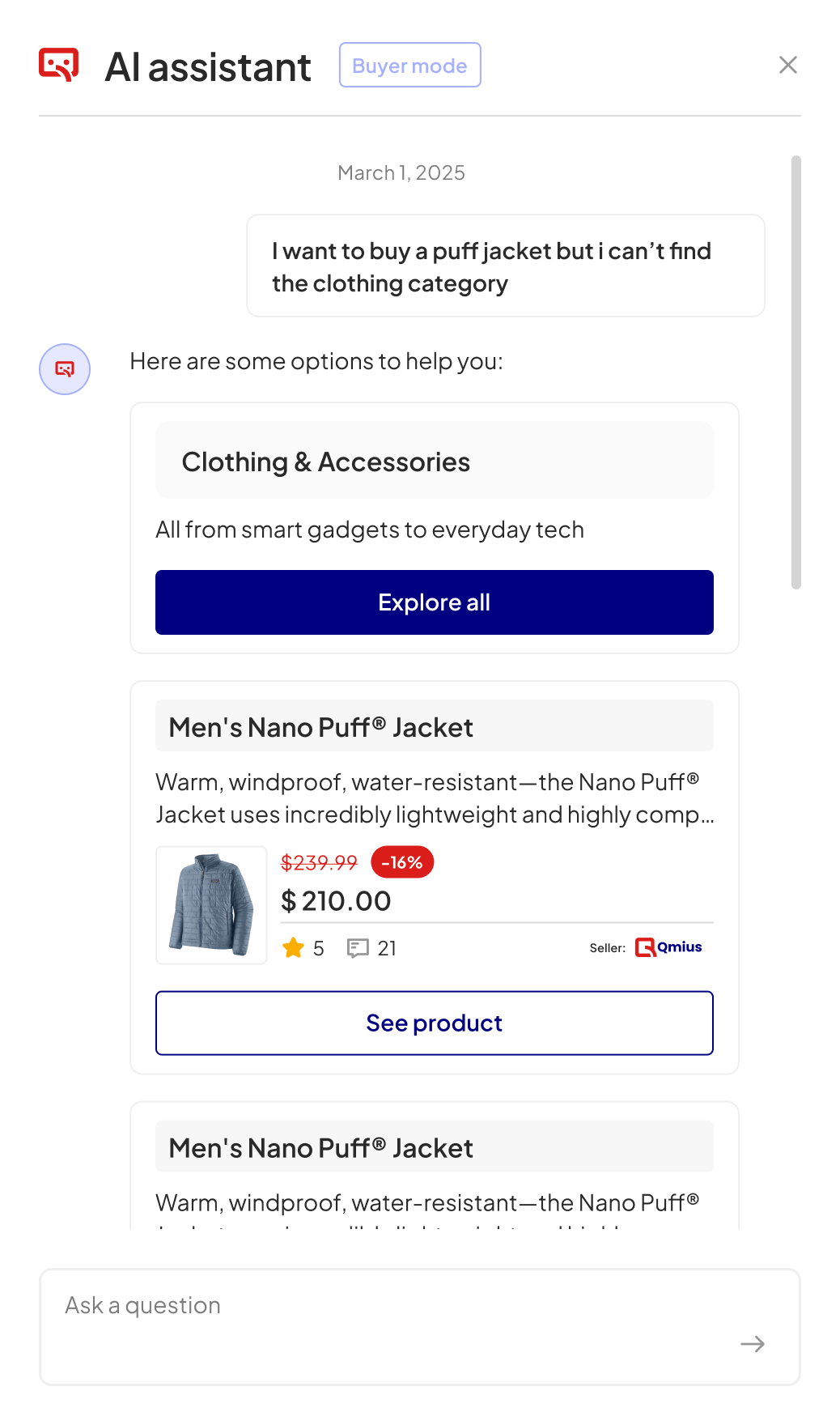Qmius AI assistant in buyer mode showing category guidance and product recommendations for a puff jacket search.
