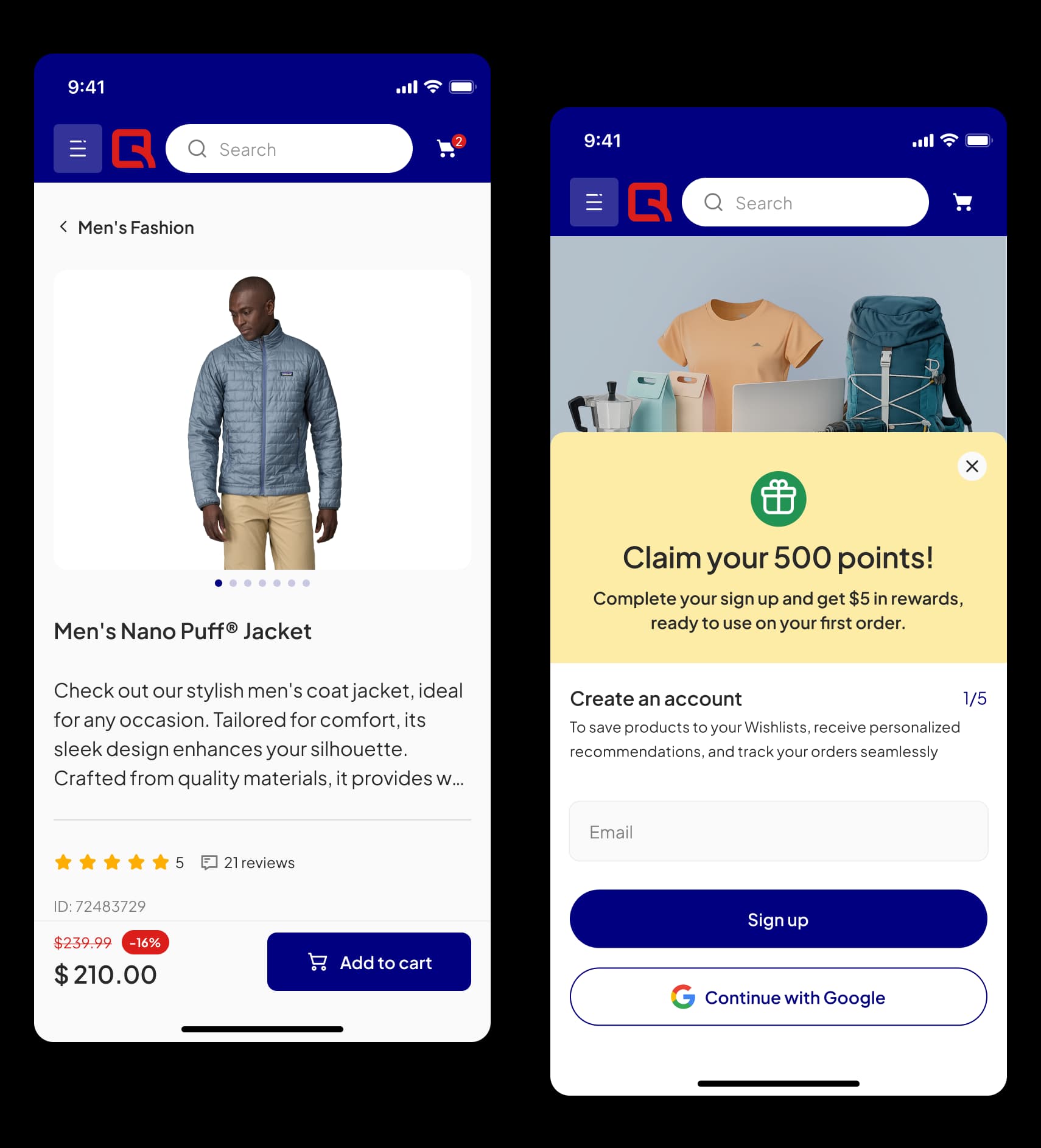 Qmius mobile product screens showing a product detail and account signup flow.